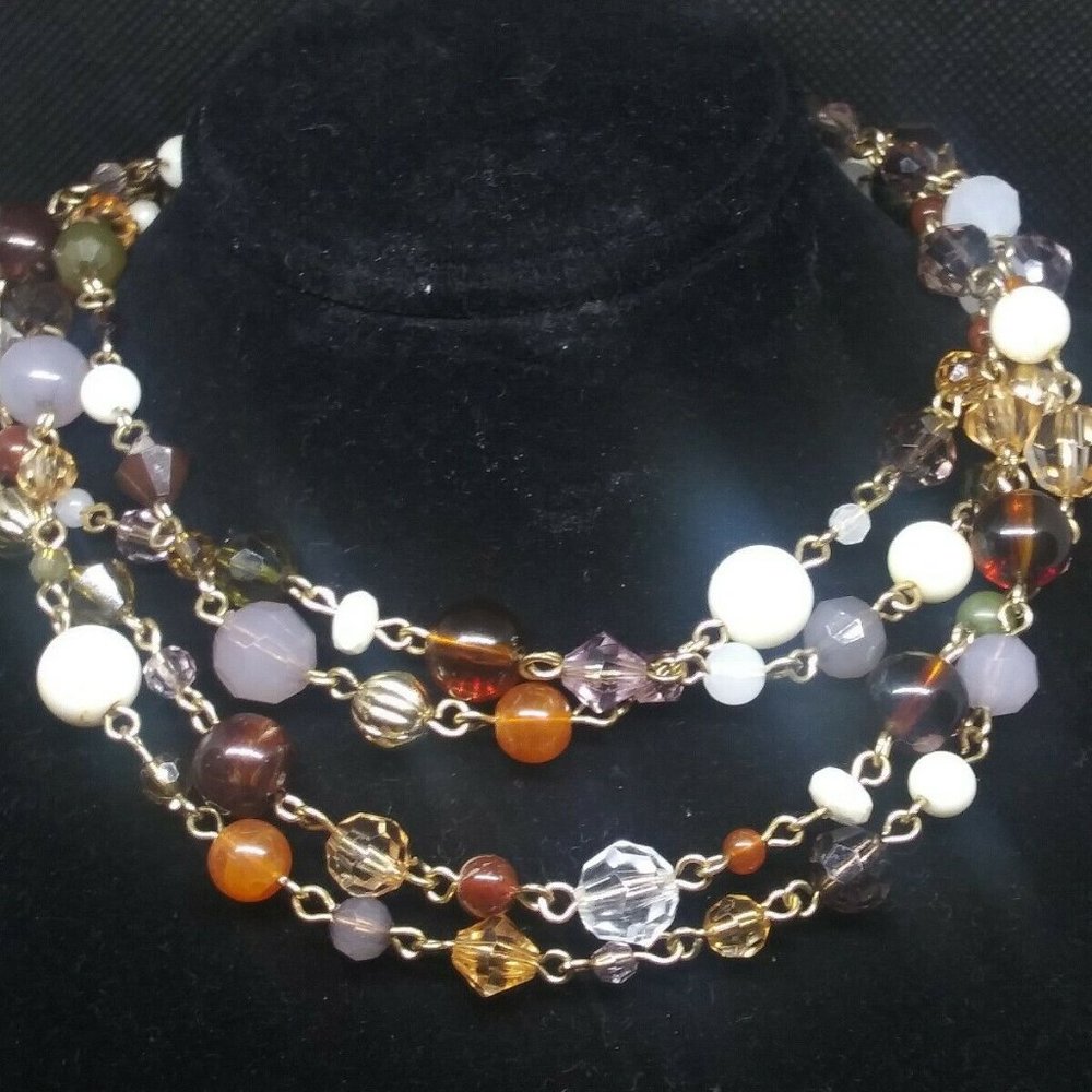 Vintage Long Stone Infinity Necklace Glass Beads Cream Lavender Boho